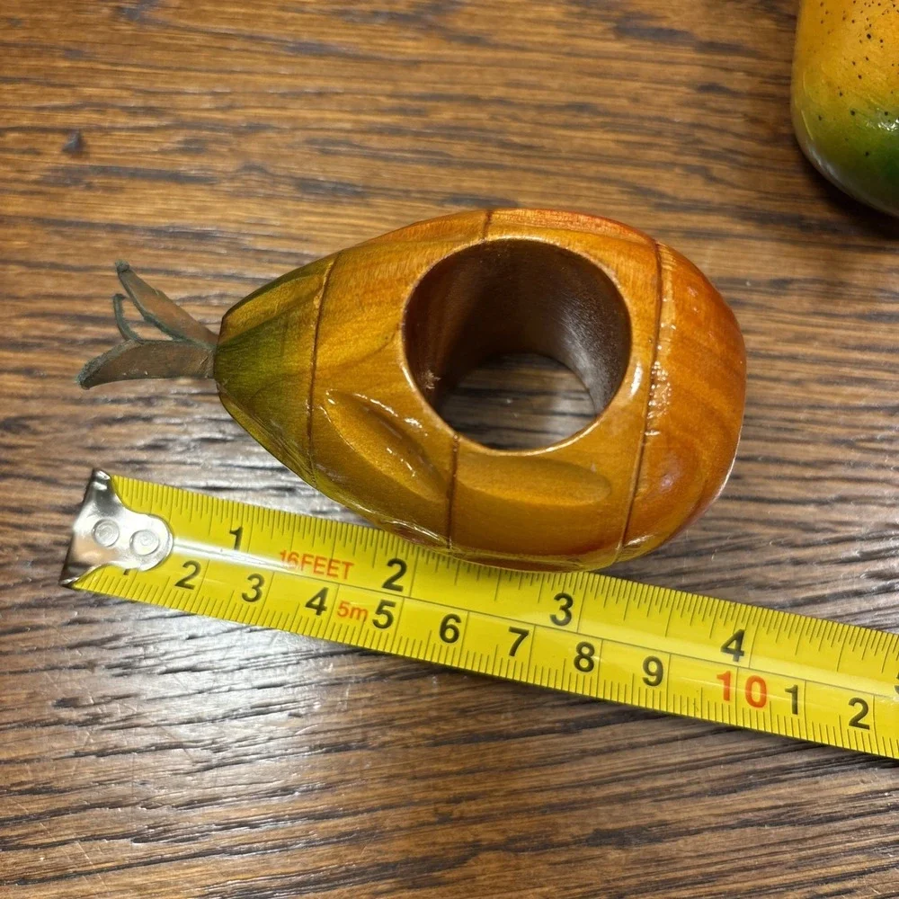 Set Of 6 Vintage Wood Carved Tropical Fruit Napkin Rings Pineapple Mango